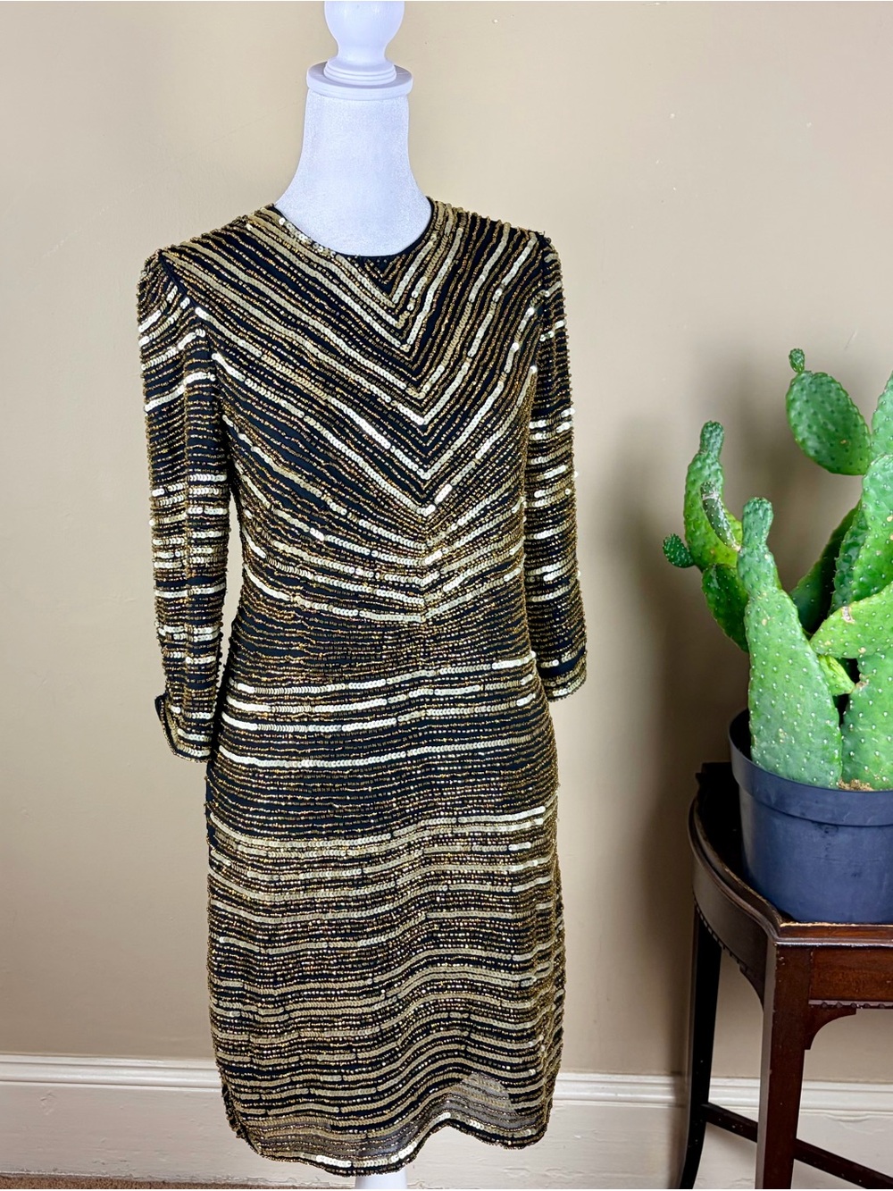 Long Sleeve Black and Gold Sequin Sheath Dress